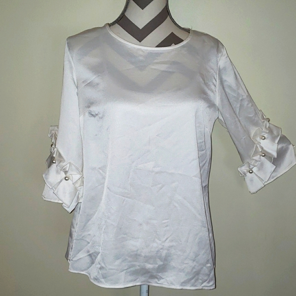 Msk. Satin finish ruffle and pearl sleeve blouse